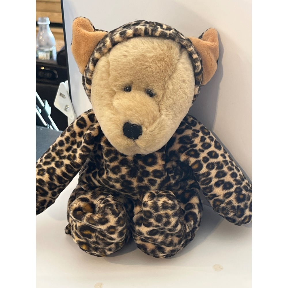 Vintage 1998 GAC Teddy Bear in Leopard Print Hooded Onesie Plush Stuffed Animal